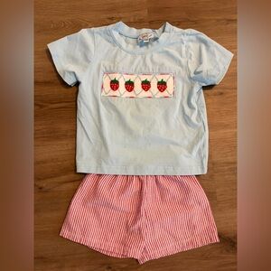 Blue Strawberry Smocked Shirt and Red Striped Shorts Set